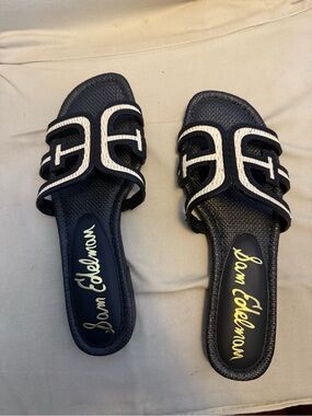 Sam Edelman Black and White Slide Sandals with Cutout Strap Detail